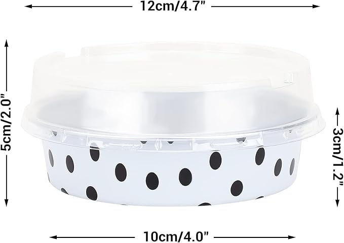 Beasea Mini Tart Pans with Lids 50 Pack, 4” 8oz Disposable Aluminum Baking Foil Tins Round Small White Black Dot Container for Individual Cupcake Dessert Muffin Ramekin Cheesecake Quiche Oven Dishes