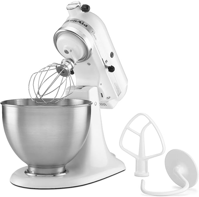 KitchenAid Classic Series 4.5 Quart Tilt-Head Stand Mixer K45SS, White & 6 Speed Hand Mixer with Flex Edge Beaters - KHM6118, 6 Speed w/Flex Edge Beaters, Ice Blue