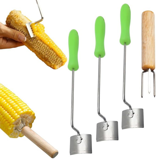 Easy Clean Corn Cob Peeler, 2025 New Corn On The Cob Stripper Tool with Long Handle, Stainless Steel Corn Cutter for Corn Cob With Corn Holder (Green-3 pcs)