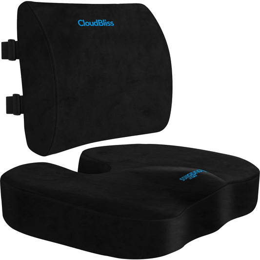 CloudBliss Seat Cushion,Office Chair Cushion,Car Seat Cushions,Lumbar Support Pillow for Office Chair,Back Support Memory Foam Pillow Coccyx Cushions for Tailbone Pain,Sciatica Back Pain Relief Black