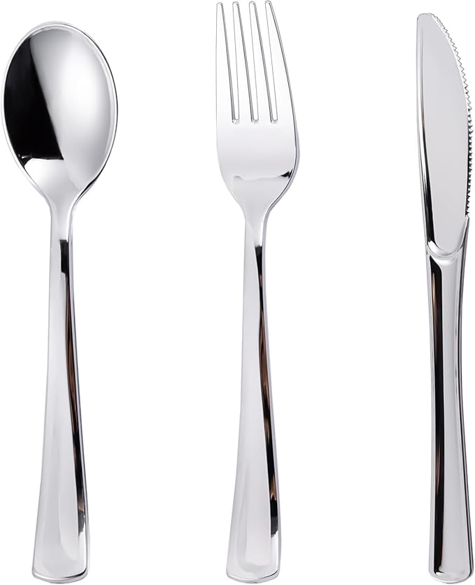 N9R 120PCS Silver Plastic Silverware, Silver Plastic Cutlery Set Disposable Flatware Dinnerware -60 Forks, 30 Spoons, 30 Knives for Wedding, Party, Birthday and Daily Use