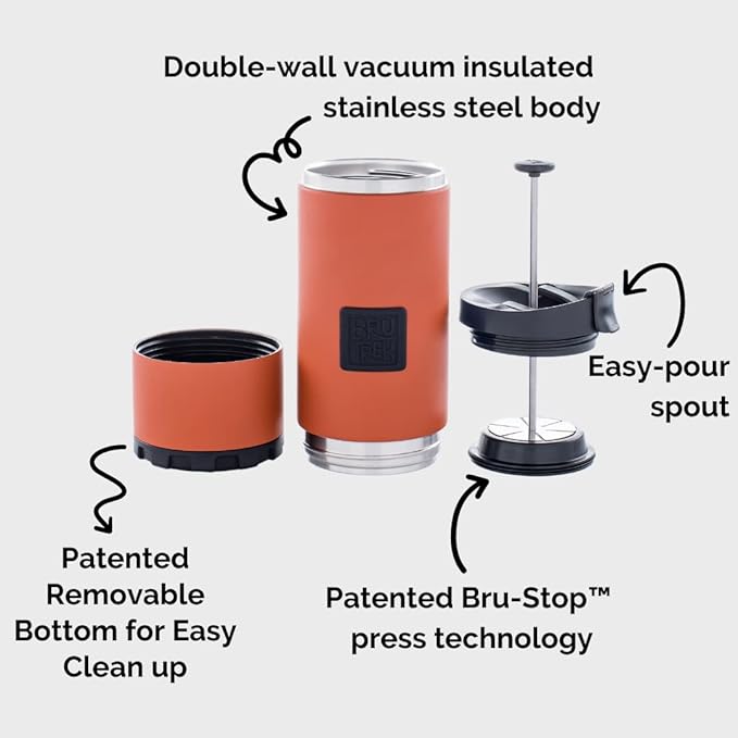 BruTrek® by Planetary Design OVRLNDR Travel Coffee French Press, 24 fl.oz, Double Wall Insulated, Patented Removable Bottom, Locking No Spill Lid, On The Go Coffee Brewing (Storm Gray)