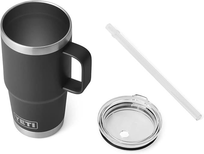 YETI Rambler 25 oz Tumbler with Handle and Straw Lid, Travel Mug Water Tumbler, Vacuum Insulated Cup with Handle, Stainless Steel, Black