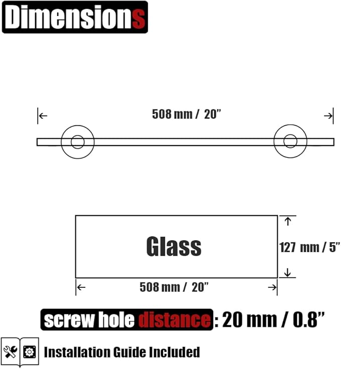 JQK Bathroom Glass Shelf Chrome, Tempered Glass Shower Storage 20 by 5 inches, 304 Stainless Steel Polished Chrome Wall Mount, TGS101L20-CH