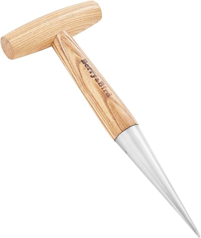 Berry&Bird Hand Dibber, Stainless Steel Sow Dibbler with Wood Handle, Garden Hole Punch Dibbler Tool for Planting Seeds & Bulbs, Hand Held Bulb Planter for Planting Flowers Tulips, Daffodils, Dahlias