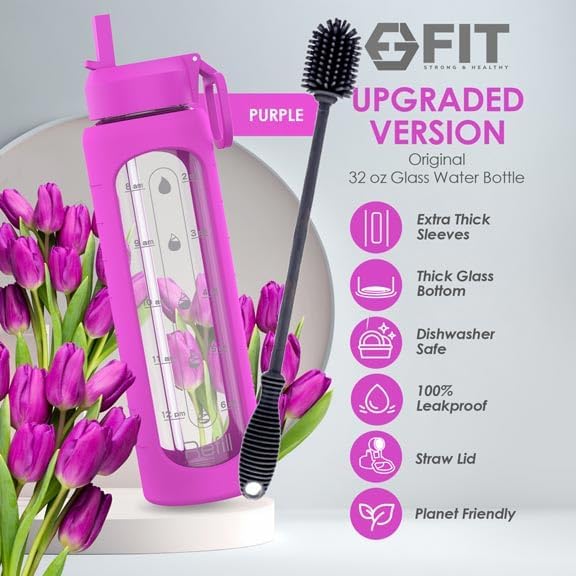 FIT Strong & Healthy 32 oz Glass Water Bottle with Straw Lid, Time Marker, Sleeve & Extra Lid - Motivational, Wide Mouth 1 Liter Glass Drinking Bottle