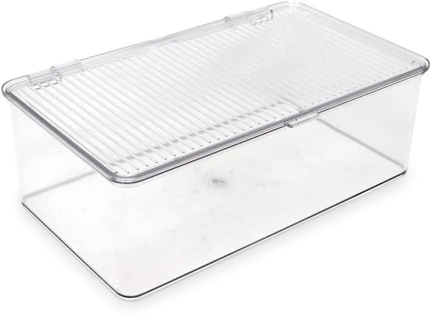 Isaac Jacobs Medium Stackable Organizer Bin (10.75”x6.5”x3.7”) w/ Hinged Lid, Clear Storage Box, Home, Office, School, Fridge, Bathroom, Kitchen, Pantry Container, BPA-Free, Food Safe (Medium, Clear)