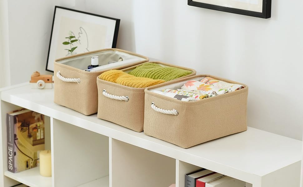 TheWarmHome Storage Bins for Shelves - Medium 3Pack 13.8L*9.8W*6.7H inch Canves Storage Basket for Organizing, Fabric Storage with Handles for Clothes Baby Dog Toys(Beige)