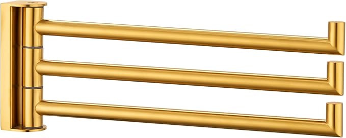 APLusee Swivel Towel Rack for Bathroom Door Wall Mounted, Swivel Towel Bar with 3 Rotating Arms 304 Stainless Steel, Flexible Kitchen Wall Hanging, Brushed Gold