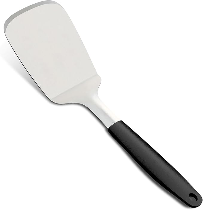 Stainless Steel Spatulas Set, 13.3 inch Metal Spatula, Full Tang Solid and Slotted Turner for Cooking Cast Iron Skillet, Heat Resistant Silicone Handle (Solid 4.6"x3.7")