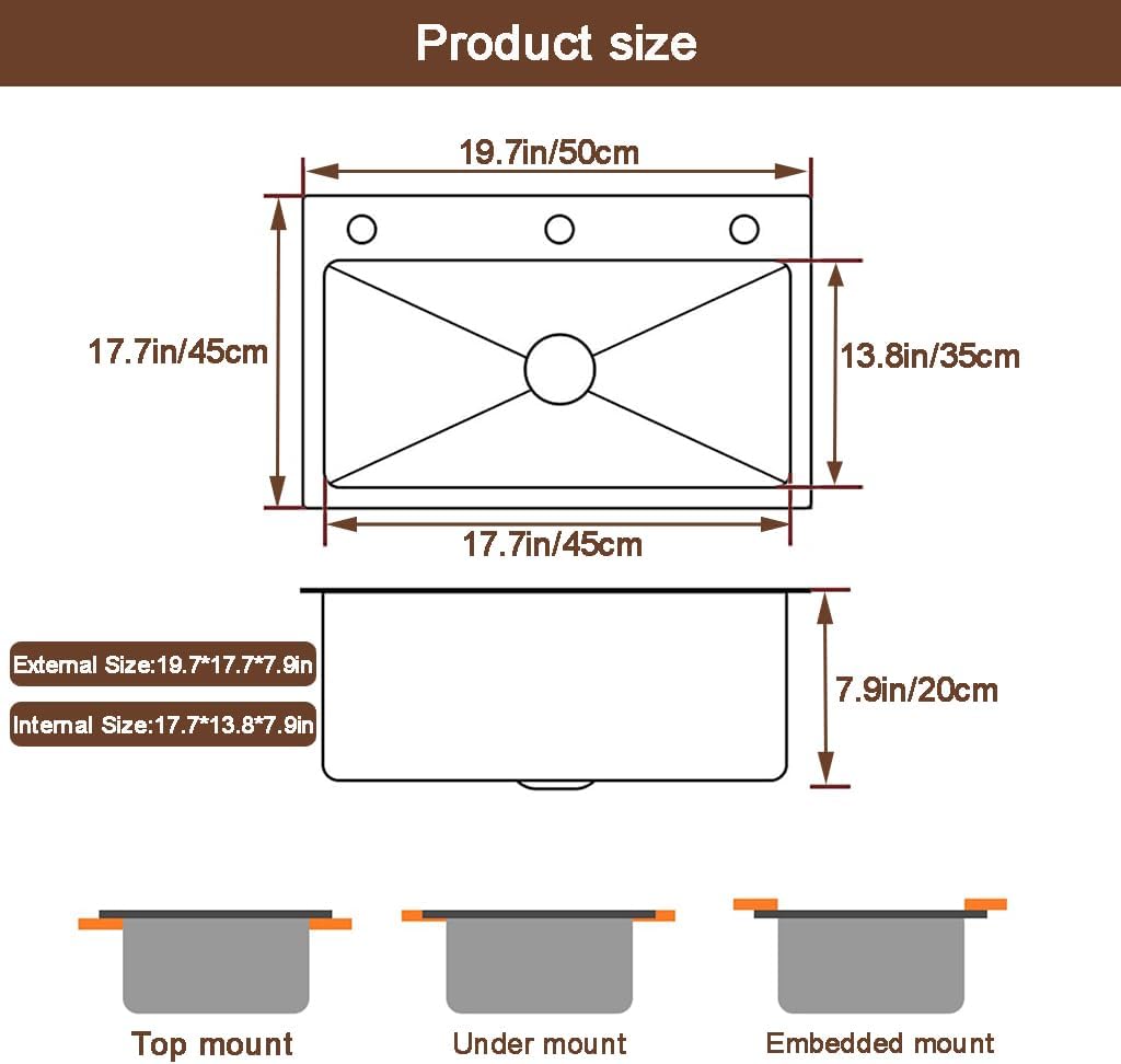 Drop In Kitchen Sink Workstation, Nano Stainless Steel Topmount Bar Single Bowl Sink Combo-Soap Dispenser, Drain Basket, Drain Strainer Set for Modern Kitchen Sink (19.7 * 17.7 * 7.9in)