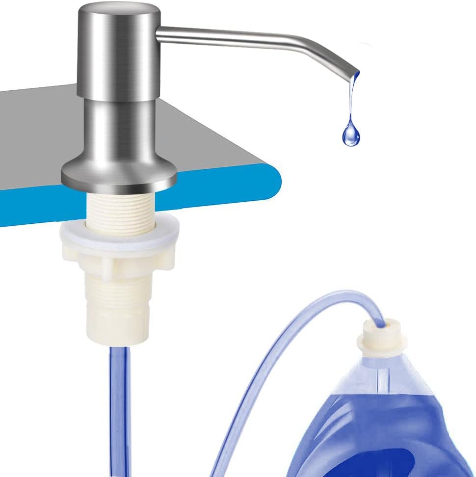Dish Soap Dispenser for Kitchen Sink (Brushed Nickel), Countertop Sink Soap Dispenser Water Pump with 47” No-Spill Extension Tube Kit Design for Kitchen Bathroom, No More Refills （Sliver）
