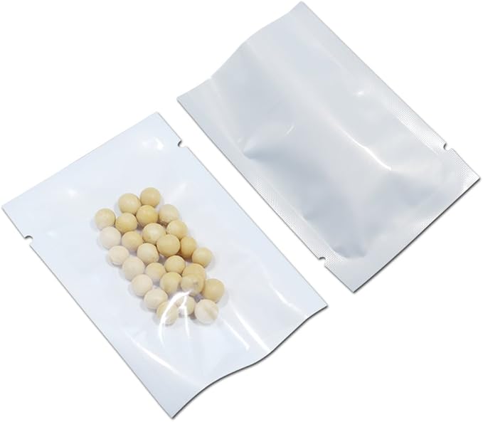 PABCK 100 Pack 3.9x5.9 inch (Usable Size 3.5x5.7 inch) White Front Clear Open Top 2.8mil Plastic Vacuum Pouch Heat Sealable Bags for Food Storage Packets Mini Sample with Tear Notches
