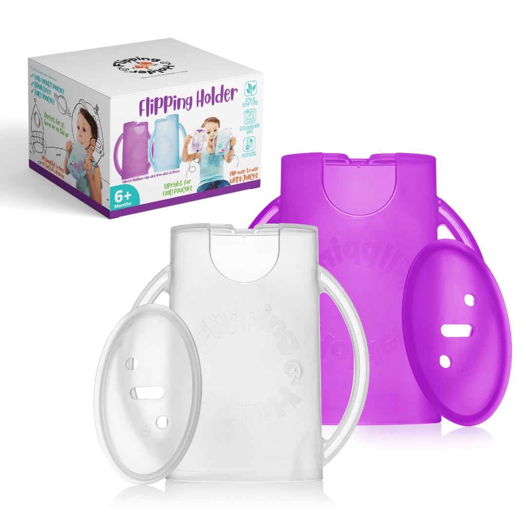 Squeeze Proof Food Pouch Holder for Toddlers, Babies, Kids, Mess Free No Squeeze Juice Box Drink and Applesauce Snack Holder with Easy Grip Handles and Lid