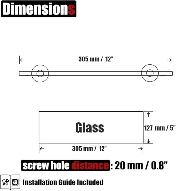 JQK Bathroom Glass Shelf Chrome, Tempered Glass Shower Storage 12 by 5 inches, 304 Stainless Steel Polished Chrome Wall Mount 2 Pack, TGS101L12-CH-P2