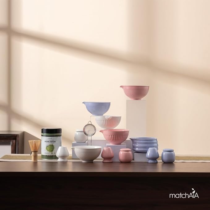 6 Pcs Matcha Set - Ceramic Bowl with Spout, Matcha Whisk with Holder, Tea Powder Canister, Sifter and Spoon, Complete Kit for Traditional Matcha, Modern Lattes, and Tea Ceremonies (White)