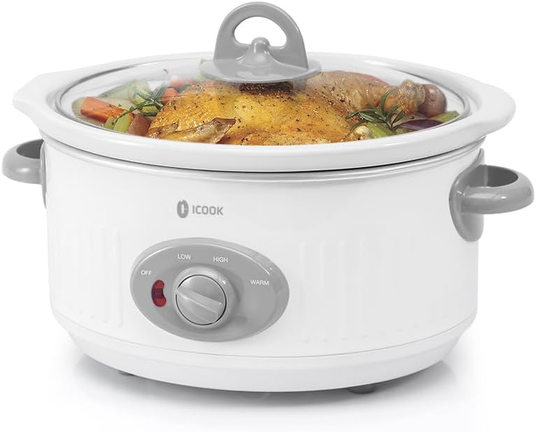 ICOOK Slow Cooker 3.5 Quart USC-351-OG,Dishwasher Safe Crock/Ceramic inner pot and Glass lid,Small Slow Cooker,Oval Shape,White