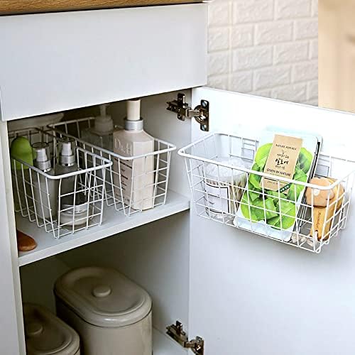 LeleCAT Hanging Kitchen Baskets For Storage Adhesive Sturdy Small Wire Storage Baskets No Drilling Wall Mounted Kitchen Food Pantry Bathroom Shelf Storage, 4 PACK,White