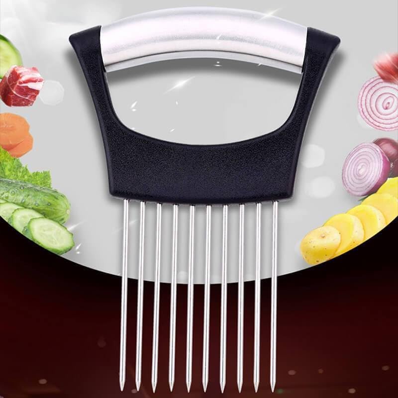 Onion Slice Holder, 2024 New Stainless Steel Holder for Slicing, Chopper Assistant Tool, Cutter for Meat, Onion, Potato, Tomato Kitchen Gadgets (Black, 2 Pack)