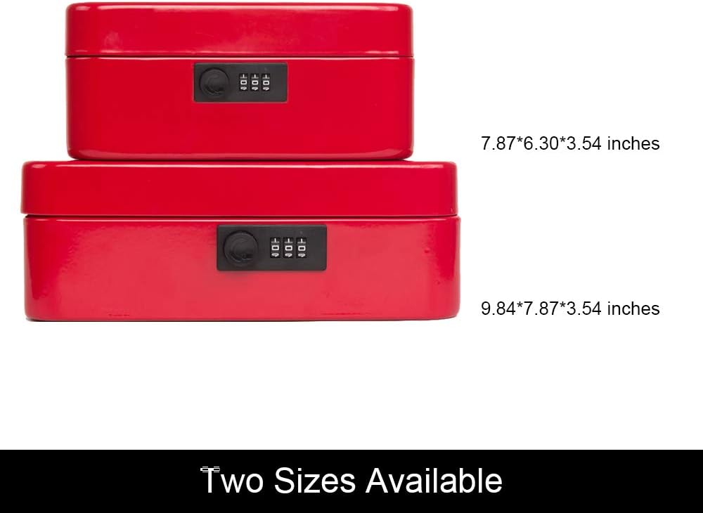 KYODOLED Large Cash Box with Combination Lock Safe Metal Money Box with Money Tray for Security Lock Box 9.84"x 7.87"x 3.54" Red Large
