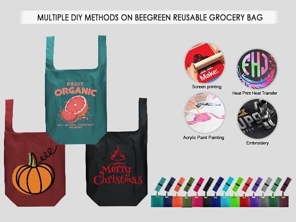 BeeGreen Orange Reusable Grocery Bags Wholesale Pumpkin Reusable Kitchen Bags Bulk Foldable-Machine Washable with Zipper Storage Pouch 50 Packs