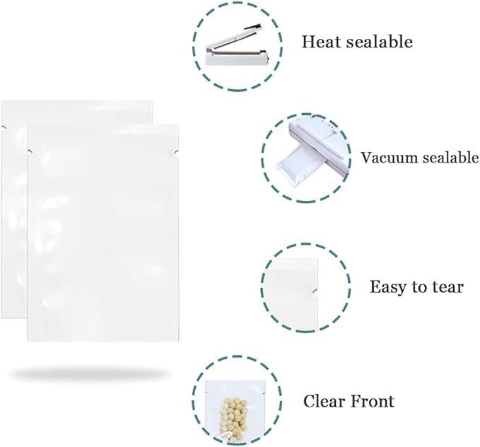 PABCK 300 Pack 3.9x5.9 inch (Usable Size 3.5x5.7 inch) White Clear Front Open Top 2.8mil Plastic Vacuum Pouch Heat Sealable Bags for Food Storage Packets Mini Sample with Tear Notches