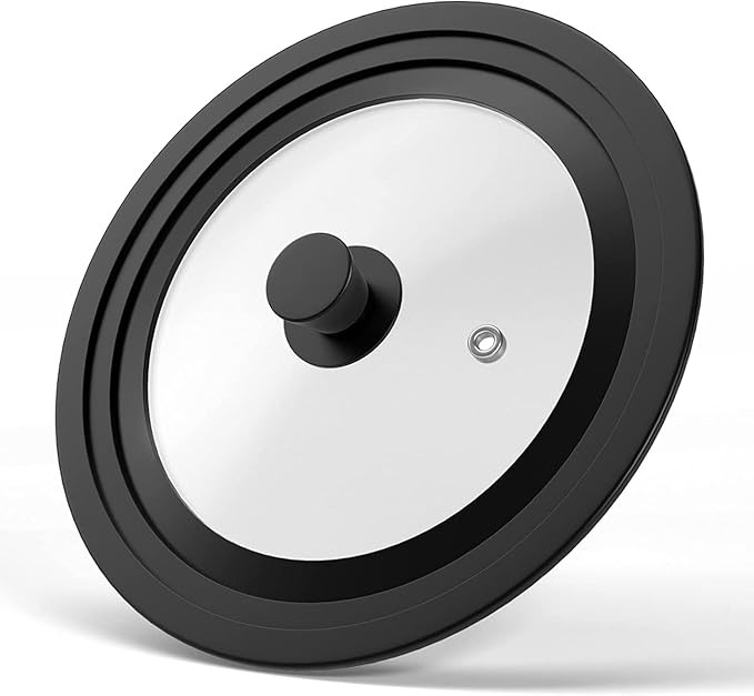 Universal Lid for Pots, Pans and Skillets - Tempered Glass with Heat Resistant Silicone Rim and Heat Resistant Handle Fits 6.5", 7" and 8" Diameter Cookware, Black