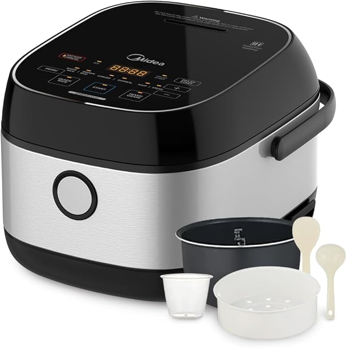 Midea 3L Rice Cooker with Steamer Basket, 6-Cup Uncooked Capacity, Induction Heating & Fuzzy Logic Technology, 24h Delay Start & Keep Warm, Non-Stick Inner Pot