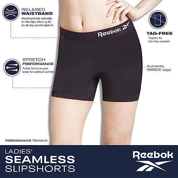 Reebok Womens Boy Shorts Underwear - 4 Pack Seamless Long Leg Boyshorts Panties for Women (S-3X, available in Plus Size), Size Small, Cafe/Black/White/Light Grey Melange