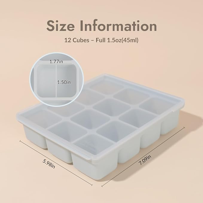 Baby Food Storage Silicone Cubes with Clip-On Lid Freezer Tray Baby Food Soups Purees Ice Easy and Safe Design Made in Korea(12 Sand Beige)