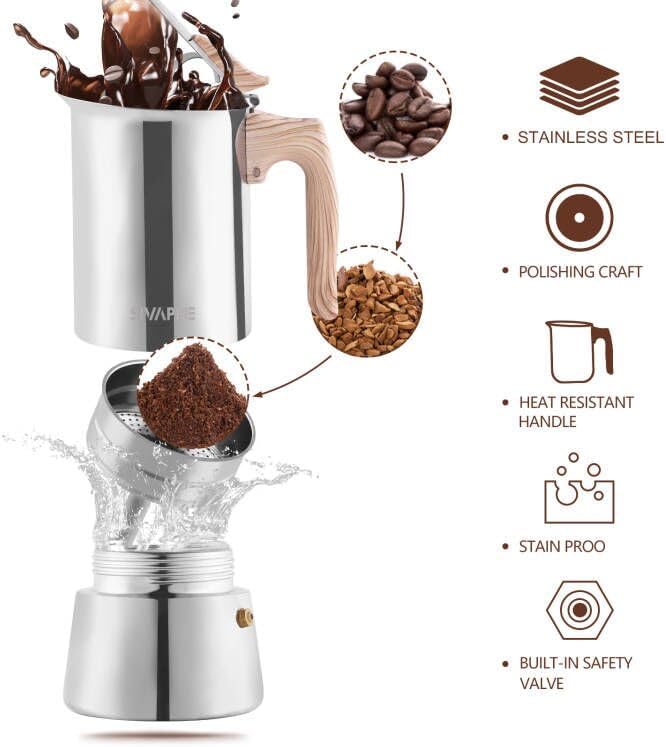 Sivaphe4 cups Stainless Steel Stovetop Espresso Coffee Maker | Induction Support 10 oz Intalian Moka Pot | Durable Cuban Coffee Maker 200ml(1 Cup=50ml)