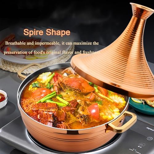 Large Stainless Steel Moroccan Tagine Pot, 30cm Non-Stick Tajine Casserole with Cone Lid & 2 Handles - Elegant Gold Design for Authentic Moroccan Cooking