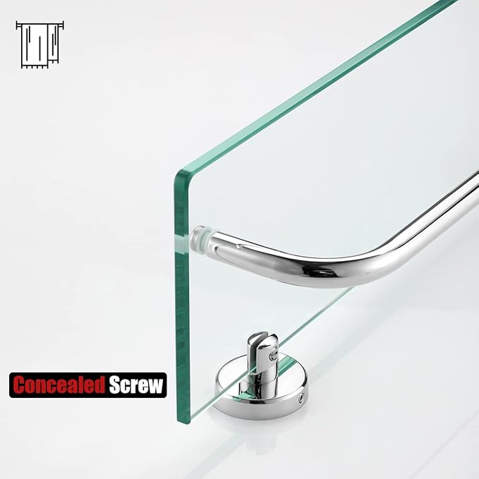 JQK Bathroom Glass Shelf Polished Chome, Shelf with 19 Inch Towel Bar Tempered Glass Shower Storage 20 by 5 inches, 304 Stainless Steel Silver Finish Wall Mount, TGS100L20-CH