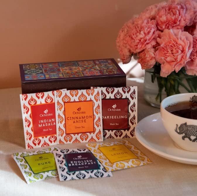 Octavius | Tile Motif Wooden Caddy Tea Sampler Pack | Assortment of 3 Black & 3 Green Teas | 30 Enveloped Double Chamber Tea Bags | Tea Sampler Variety Pack | Perfect for Tea Lovers | Pack of 1