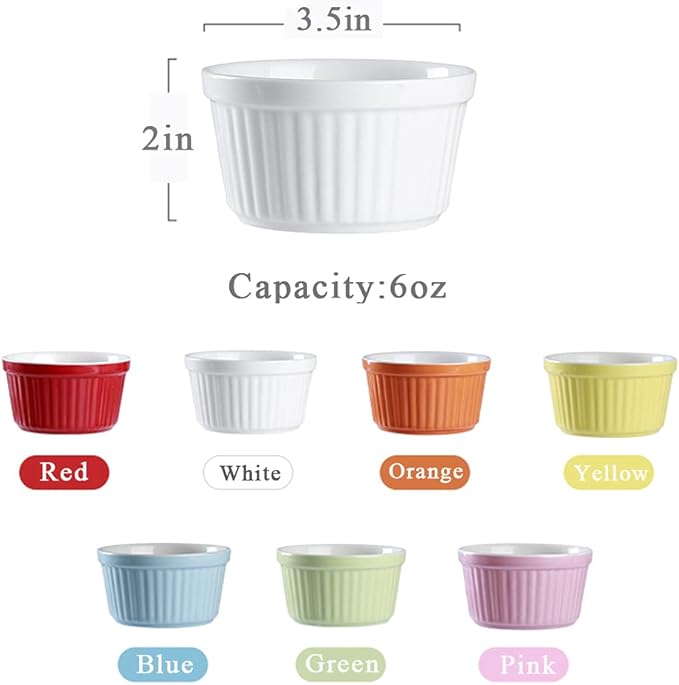 Ramekins 6oz Oven Safe,Creme Brulee Ramekin and Souffle Dishes,Porcelain Baking Bowls,Dipping Sauce Dish.Pudding Cups,Set of 6,Orange