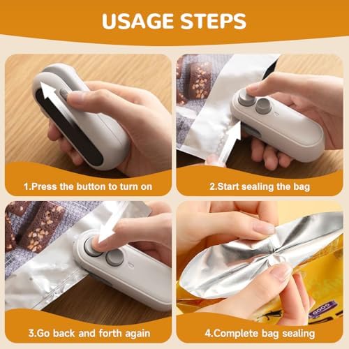2-in-1 Mini Bag Sealer with Cutter & Magnet, Rechargeable Handheld Resealer for Snack & Food Storage, Portable Sealing Machine (White, 2pcs) - Perfect for Chip Bags & Snacks