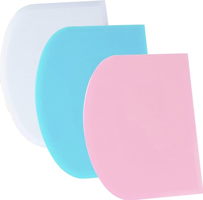 SURDOCA Dough Scraper Bench Scraper - 3P 9.5x6.1" Plastic Flexible Bowl Scraper, Sharp Edge & Angles Cake Scraper. Non-Slip Bakeware Decorating Tools Sculpting & Modeling Tools - Blue+White+Pink