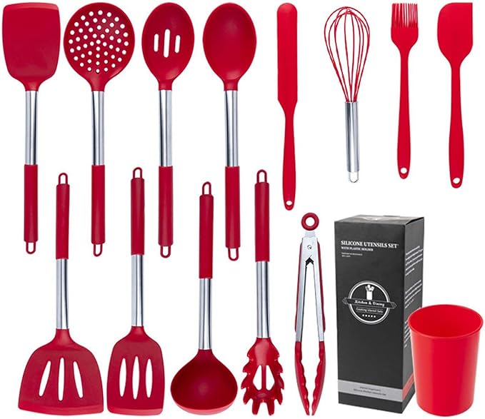 Kitchen Utensils Set, 14 Pcs Silicone Cooking Utensils Set with Holder and Heat Resistant Stainless Steel Handle for Nonstick Cookware - Black