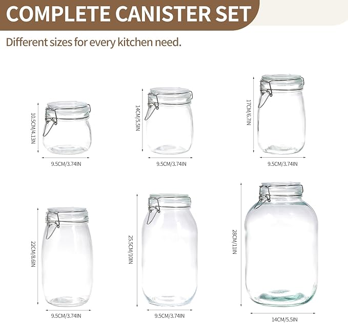 ODBCYWM 68oz Glass Food Storage Jars with Airtight Lids, Set of 3 – Clear Preserving Seal Wire Clip Fastening Canisters for Kitchen Canning, Flour, Cereal, Pasta, Sugar, Beans, Pickling Jars (68oz*3)