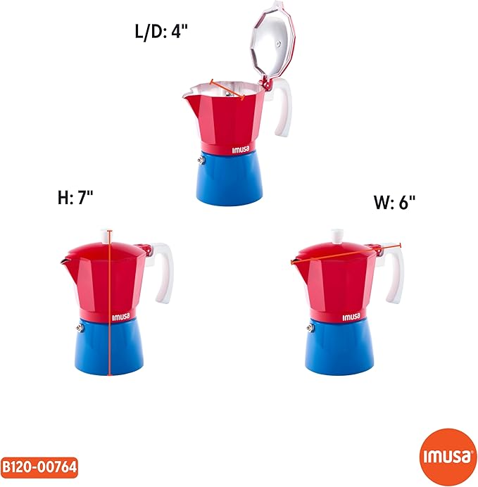 IMUSA Stovetop Espresso Maker 6 Cup – Cast Aluminum Moka Pot Caribbean Colors Edition Red Blue White – Cafetera Italiana Espresso Cuban Coffee Maker