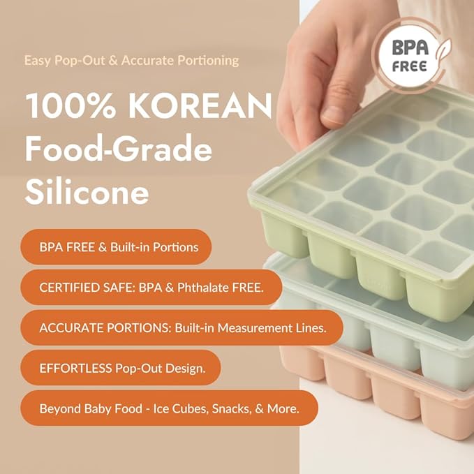 Silicone Freezer Tray, Baby Food Storage Cubes with Clip-On Lid, Freeze Baby Food, Soups, Purees, Ice, Easy and Safe Design, Made in Korea (12, Celadon Green)