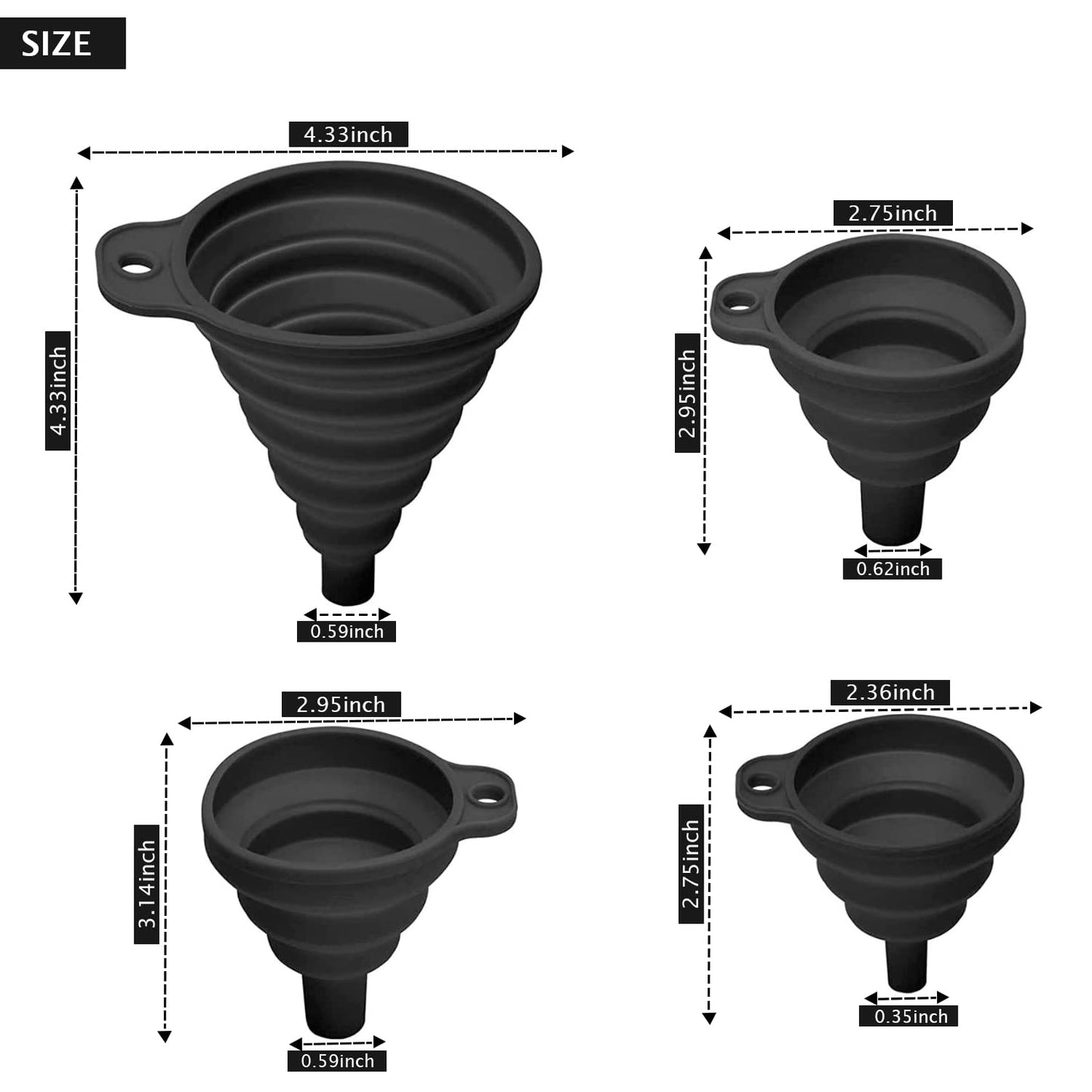 Set of 4 Silicone Collapsible Kitchen Funnel - X-Small to Large Sizes for Easy Liquid Transfer Food Grade Silicone Collapsible Gadgets (Black)
