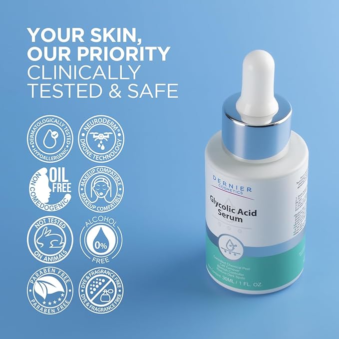 Dernier Glycolic Acid Serum 5% with Hyaluronic Acid 1% - Face Dark Spot Treatment Hyperpigmentation Exfoliant Resurfacing Brightening Glow Moisturizer Redness Hydrating Facial Peeling Women (1 fl oz)