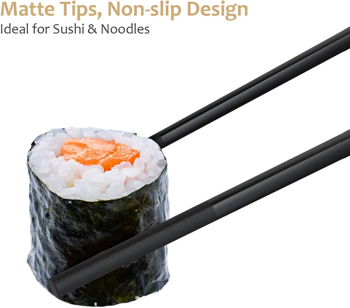 10 Pairs Fiberglass Chopsticks, GLAMFIELDS Reusable Japanese Chinese Korea Chop Sticks Dishwasher Safe, Non-slip, 9 1/2 inches Gold