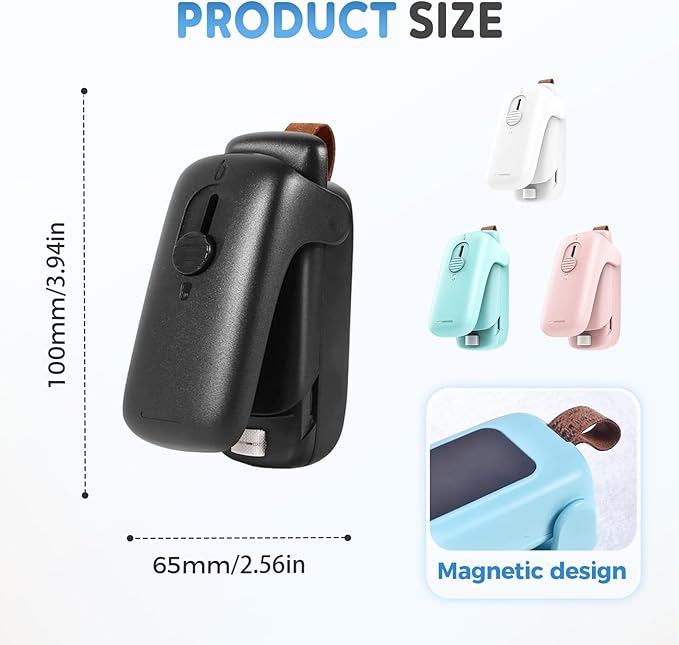 Mini Bag Sealer, Upgraded 2 in 1 Mini Bag Sealer with Cutter and Magnet, Magnetic Portable Plastic Bag Sealer for Snacks, Chips, Food Freshness Storage (2, Black)