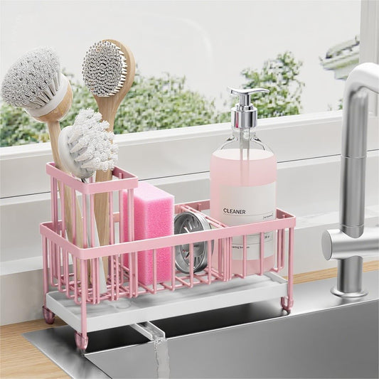 Cisily Pink Sponge Holder for Kitchen Sink, Sink Caddy Organizer with High Brush Holder, Countertop Organizers and Storage Essentials, Rustproof 304 Stainless Steel, Pink kitchen Accessories and Decor