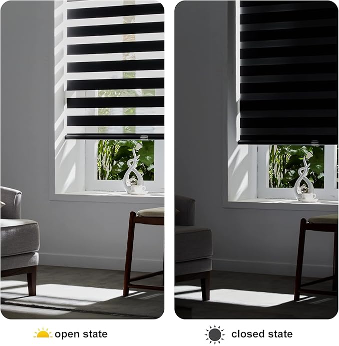 Persilux Cordless Zebra Blinds for Windows Free-Stop Roller Windows Shades (46" W X 72" H, Black) Dual Layer Light Control for Day and Night, Light Filtering Sheer Shades for Home, Easy to Install