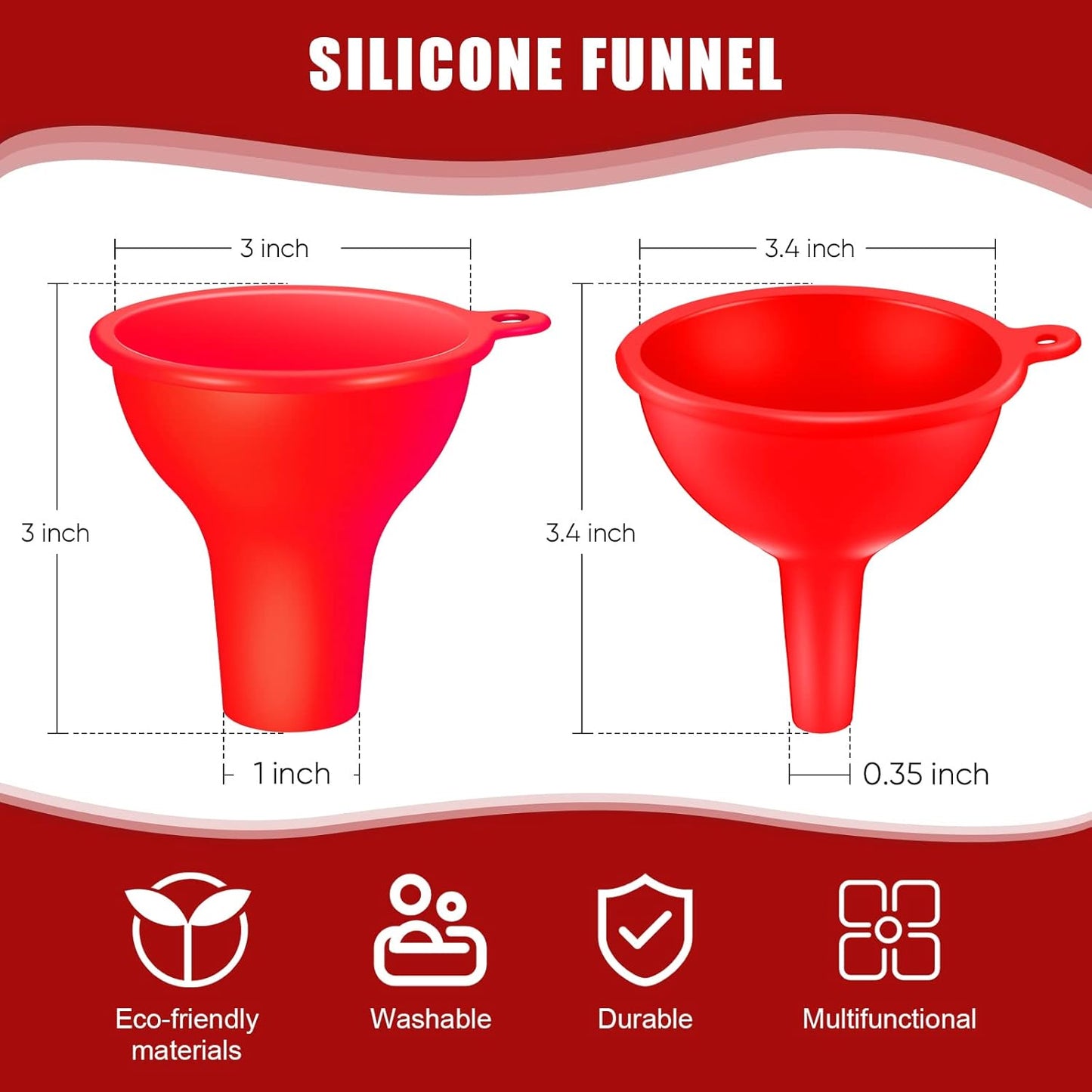4 Pcs Kitchen Funnel Set Canning Silicone Funnel, Small and Large, Wide Mouth for Jars Jam Spice Filling Bottles Liquid Oil and Powder(Red)