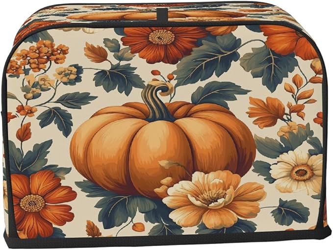 4 Slice Autumn Toaster Cover,Thanksgiving Pumpkin Fall Boho Floral Small Kitchen Appliance Bread Machine Cover with Pockets,Dust & Fingerprint Protection