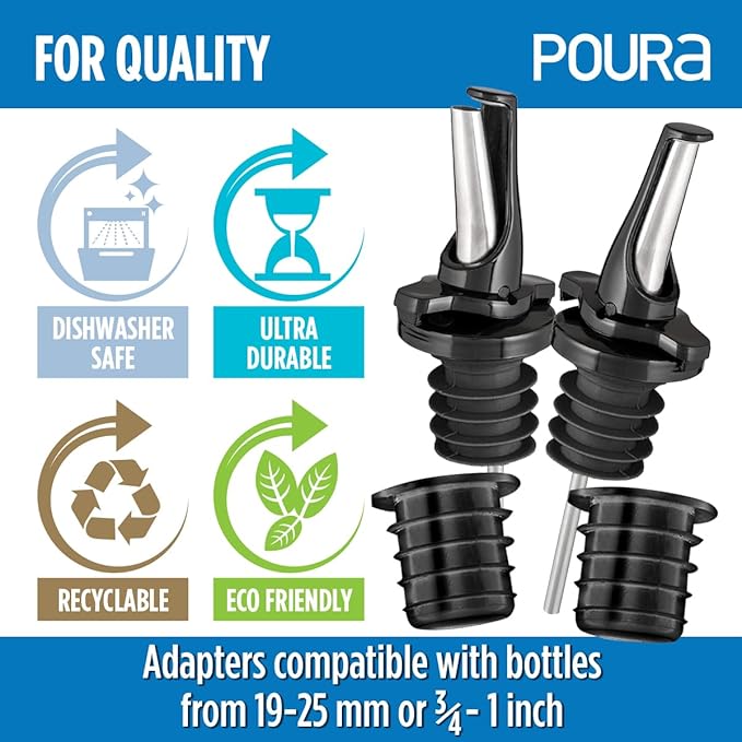 Poura Liquor Pourer Adapters 6 Pack – BPA Free Natural Rubber – Fits Large Bottles up to 1 Inch Neck – Convert Oil or Liquor Pour Spouts – Secure Fit for XL Bottles – Black
